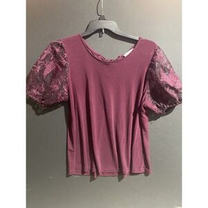 Flower and feather blouse Burgundy puffy Sheer lace sleeves XL